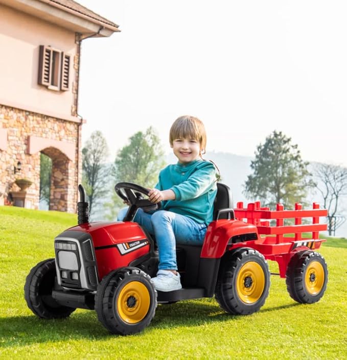 JOYMOR Ride on Tractor with Remote Control, 25W Motors Electric Tractor with Trailer for Toddler, 12V Battery Powered Ride on car Toy for Boys and Girls