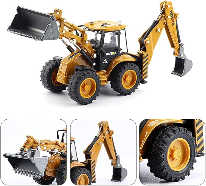 Dollox Die-cast Excavator Backhoe Front Loader Truck 1/50 Metal Engineering Vehicle Construction Tractor Model Collection Bulldozer Back Hoe Truck Decoration Toy Gift for Kids