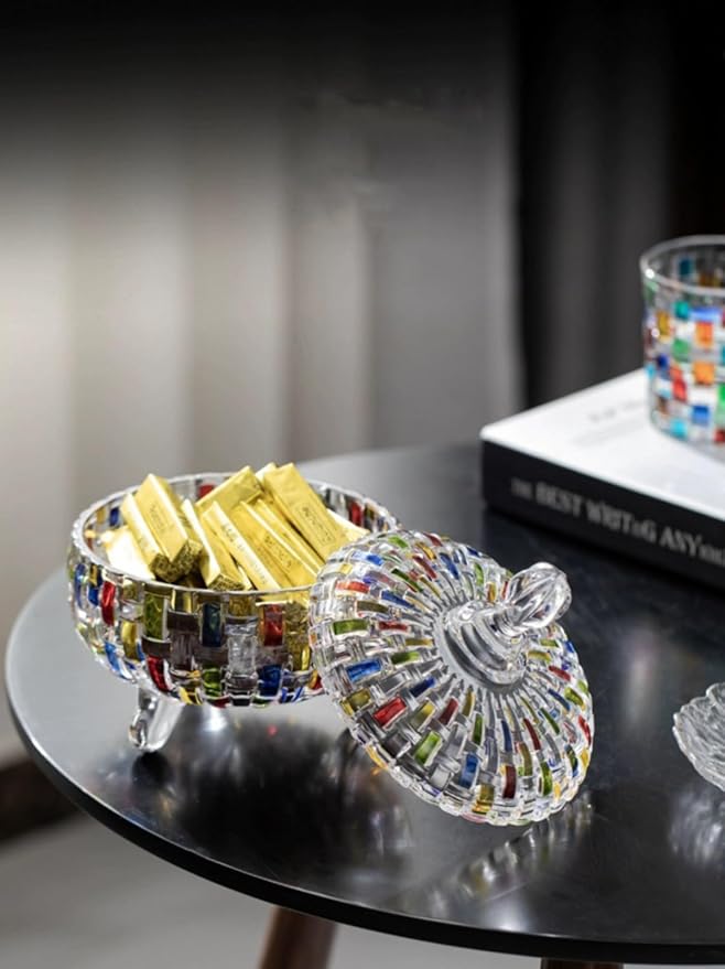 Elegant-Hand Painted Colorful Large Crystal Glass Candy Box,Candy jars with Lid,Storage Jewelry Jar,Candy dish covered,Great Gift for Family Friends-24 oz-Cute Candy servers.