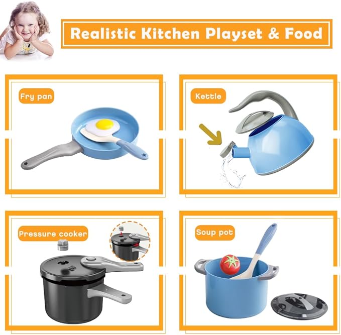 Bruvoalon 32Pcs Kids Play Kitchen Toys Set, Toddlers Pretend Cooking Playset Acccessories with Pots Pans, Utensils Cookware, Foods, Canned Veges, Learning Gift for Kids Girls Boys (Blue)