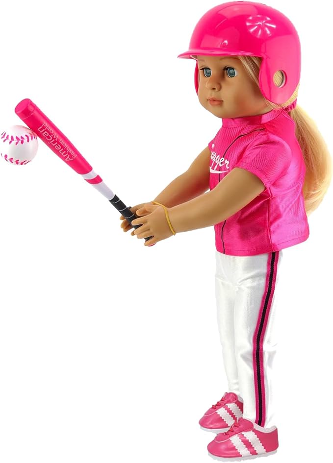Hot Pink Baseball Uniform with Baseball Bat, Helmet, and Shoes (Doll Not Included) | 18 Inch Doll Clothes