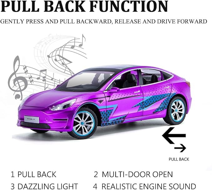 1/24 Scale Diecast Car Model 3, Alloy Diecast Toy Cars Pull Back Toys with Sound & Light, Vehicles Toys for Kids Gift Car Lovers Collection (1/24 Model 3 -Purple)