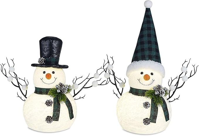 2 Pack Green and White Christmas Day Decor, 14" Lighted Plush Christmas Day Snowman Decorations, Light Up Snowman Holiday Present, Table Mantel Desk Fireplace Shelf Home Holiday Minimalist Decor