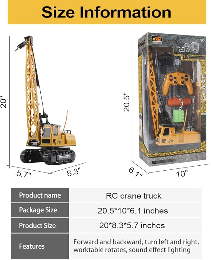 Remote Control Tower Crane - 12 Channel 2.4GHz Remote Control Lift Model Truck, Digging Engineering Toy with 2 Rechargeable Batteries, Crawler Loader Excavator Bulldozer, RC Construction Toy for Kids