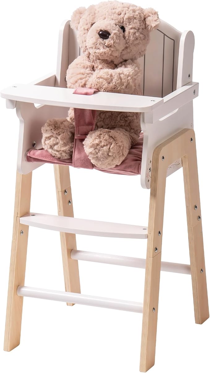 ROBOTIME Wooden Baby Doll High Chair, Pink Wooden Baby Doll Chair for 18 Inch Dolls, Pretend Play High Chair Baby Doll Accessories, Small