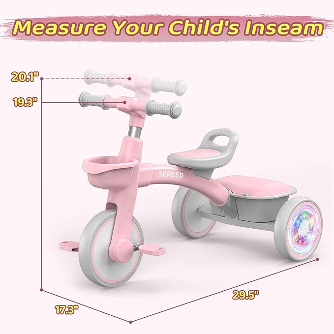 SEREED Colorful Lighting Toddler Tricycle for 2-5 Years Old Girls, Adjustable Seat&Handlebar Trike, Removable Basket, Birthday Gift Idea for Kids Ages 2+ (Pink)