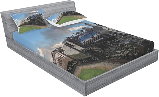 Ambesonne Steam Engine Bedding Set with Sheet & Covers, Vintage Locomotive in Countryside Scenery Green Grass Puff Train Picture, Printed Bedroom Decor 2 Shams, Queen, Blue Green