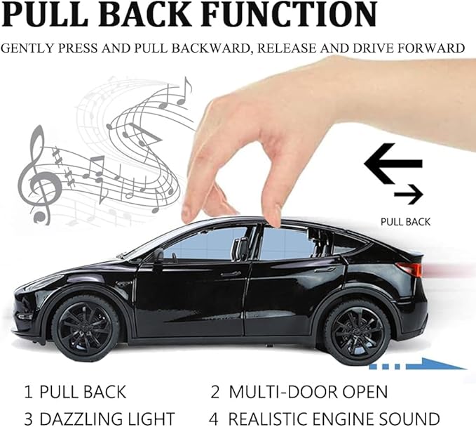 1/24 Scale Diecast Car Model Y, Alloy Diecast Toy Cars Pull Back Toys with Sound & Light, Vehicles Toys for Kids Gift Car Lovers Collection (1/24 Model Y -Black)