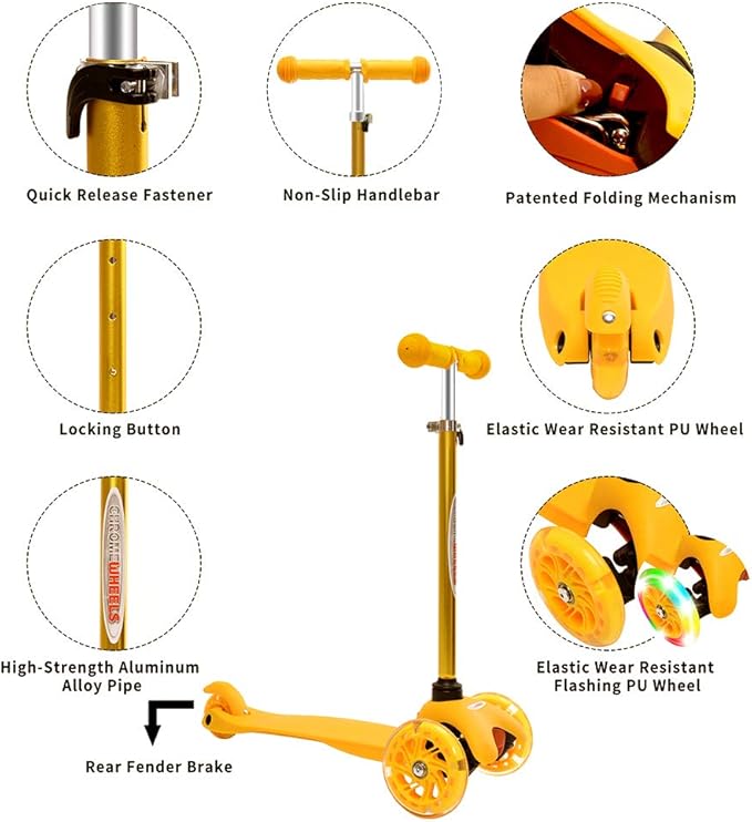 ChromeWheels Scooter for Kids, Deluxe 3 Wheel Scooter for Toddlers 4 Adjustable Height Glider with Kick Scooters, Lean to Steer with LED Flashing Light for Ages 3-6 Girls Boys