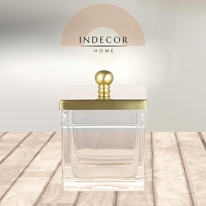 Apothecary Glass Cotton Jar Holder Brushed Gold Stainless Steel Lid, Elegant Bathroom Storage Canister for Qtips, Cotton Balls, Floss, Makeup Organizer, Vanity Bathroom Organization