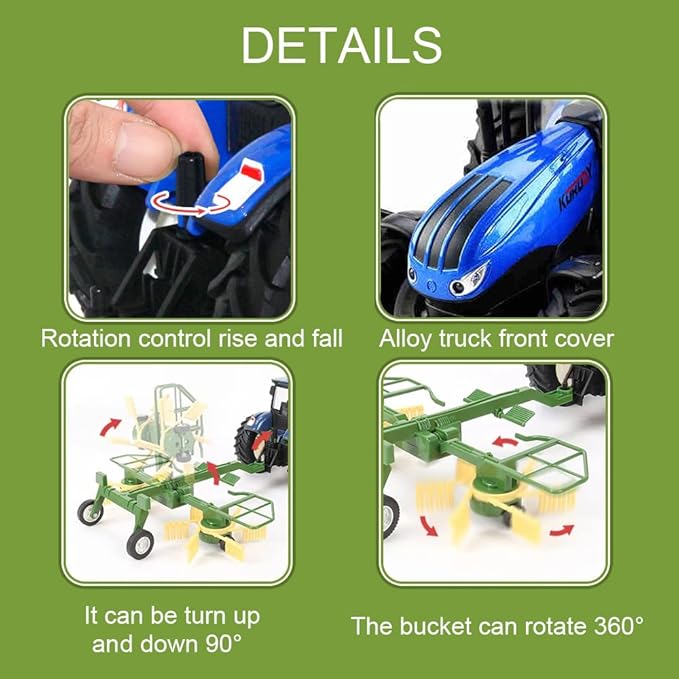 RC Truck Farm Tractor with 2 Rechargeable Batteries - 2.4G 1/24 High Simulation Construction Vehicle with Dual Rotary Swath Windrower,Remote Control Toy with Lights, Hobby Model Toys for Kids 3-6