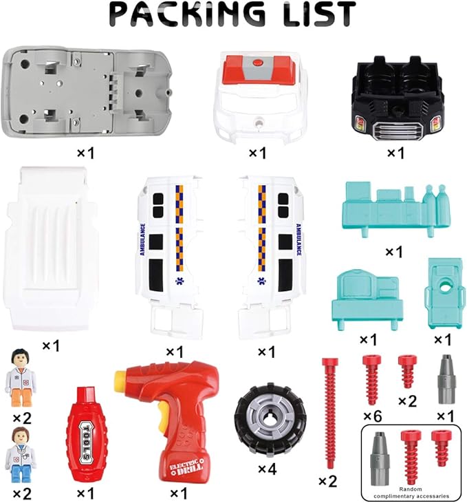 REMOKING Learning Take Apart Toy, Build Your Own Car Toy Ambulance Educational Playset with Tools and Power Drill, DIY Assembly Car Gifts for Kids with Realistic Sounds & Lights (3+ Ages)