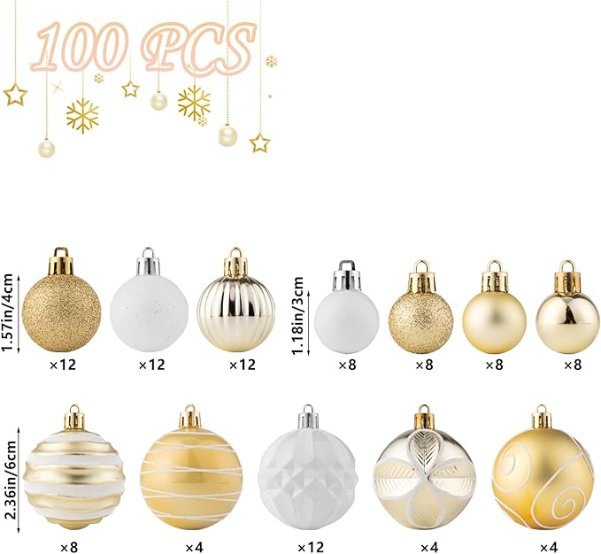 100Pcs Christmas Ball Ornaments Set, Shatterproof Plastic Gold and White Christmas Ornaments for Xmas Tree, Assorted Baubles Hanging Decorations for Holiday/Party/Wedding