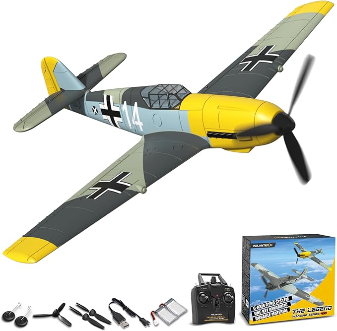 VOLANTEXRC RC Plane, 4 Channel Remote Control Airplane BF109 Fighter RTF with Aileron, Gyro, Aerobatics & 3 Modes Easy to Fly, Hobby Radio Controlled Aircraft for Beginners, Kids & Adults (Yellow)