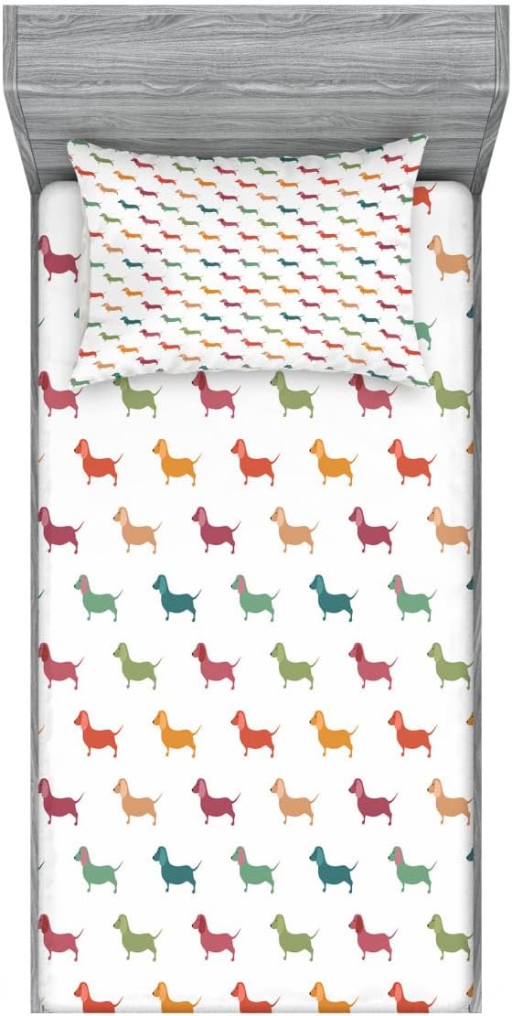 Ambesonne Scottie Dog 2 Pack Fitted Sheet & Pillow Sham Set, Little Dachshund Breeds, 4 Pcs Bedding Decor, Package Contains 2 Twin Size Fitted Sheets & 2 Pillow Covers, Plum Orange