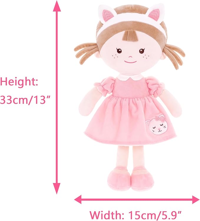 Onetoo First Baby Dolls Cuddle Soft Doll Baby Dolls Plush Rag Doll Wear Kitty Costume PinkDress 14"(Milly Series)