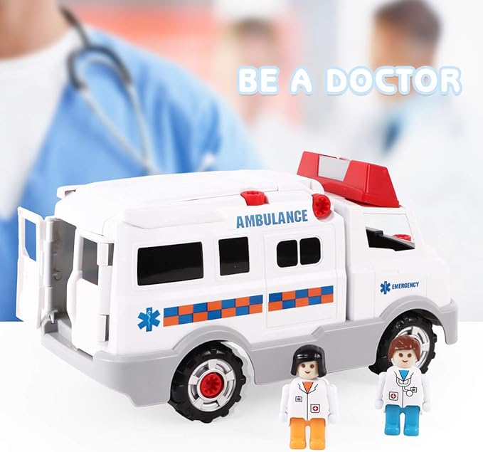REMOKING Learning Take Apart Toy, Build Your Own Car Toy Ambulance Educational Playset with Tools and Power Drill, DIY Assembly Car Gifts for Kids with Realistic Sounds & Lights (3+ Ages)