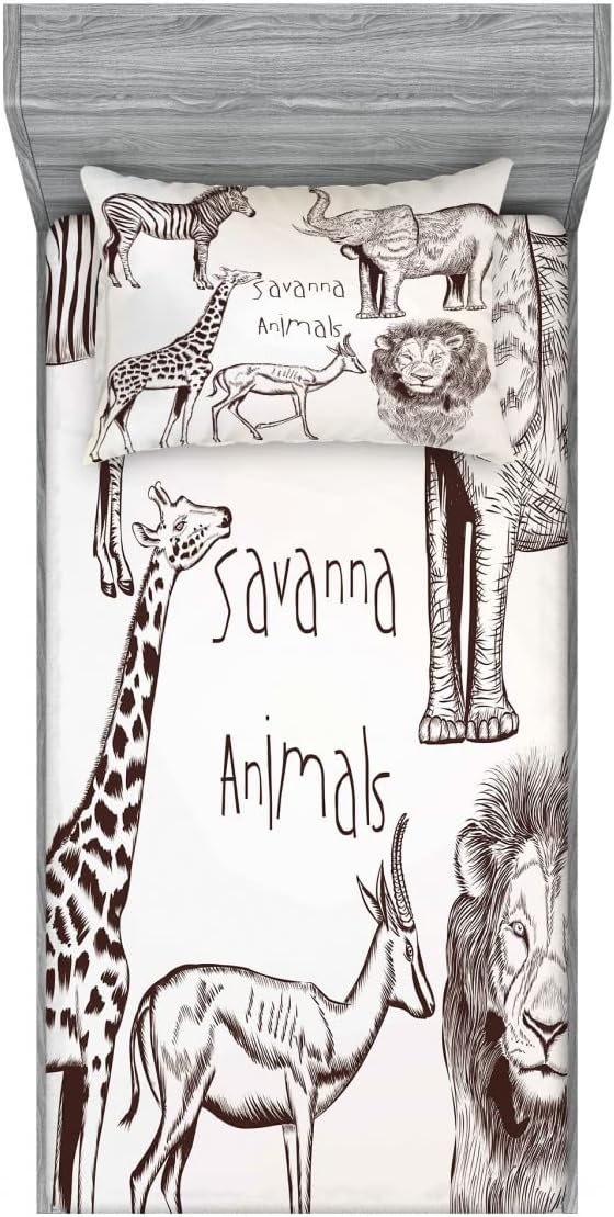 Ambesonne Savannah 2 Pack Fitted Sheet & Pillow Sham Set, Wild Lion Zebra Antelope, 4 Pcs Bedding Decor, Package Contains 2 Twin Size Fitted Sheets & 2 Pillow Covers, Brown Cream