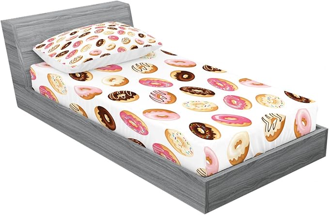 Ambesonne Food 2 Pack Fitted Sheet & Pillow Sham Set, American Dessert Donuts, 4 Pcs Bedding Decor, Package Contains 2 Twin Size Fitted Sheets & 2 Pillow Covers, Coral Cream