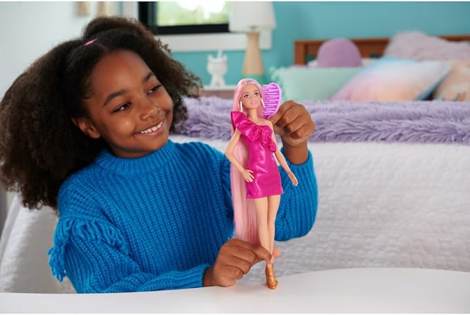 Barbie Doll with Extra-Long Blonde Rainbow Hair & Color-Block Polka Dot Dress, Plus 10 Hair & Fashion Accessories