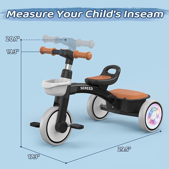 SEREED Colorful Lighting Toddler Tricycle for 2-5 Years Old Boys, Adjustable Seat&Handlebar Trike, Removable Basket, Birthday Gift Idea for Kids Ages 2+ (Black)