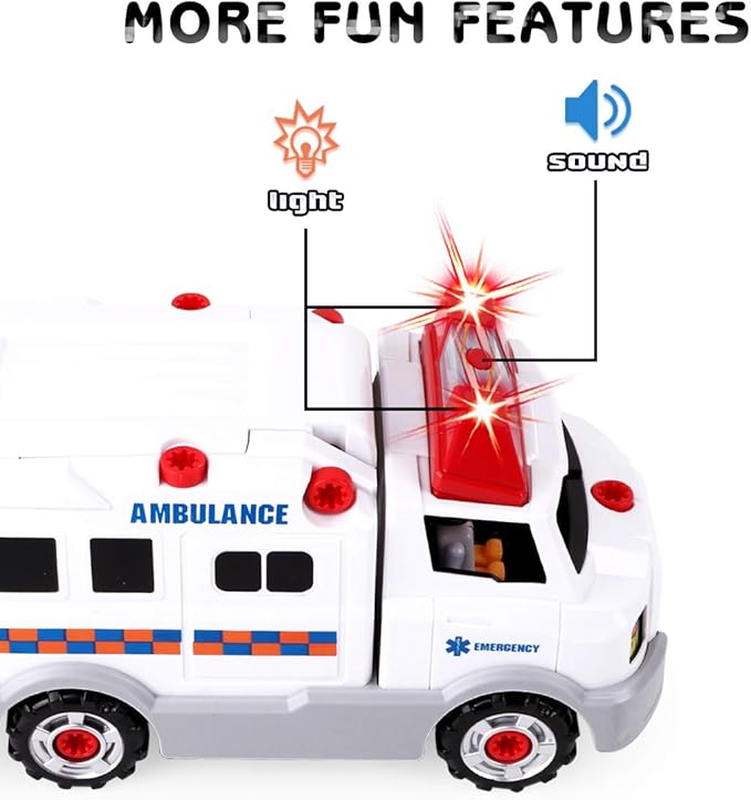 REMOKING Learning Take Apart Toy, Build Your Own Car Toy Ambulance Educational Playset with Tools and Power Drill, DIY Assembly Car Gifts for Kids with Realistic Sounds & Lights (3+ Ages)