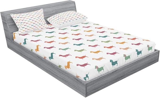 Ambesonne Scottie Dog Fitted Sheet & Pillow Sham Set, Repeating Pattern of Soft Pastel Colored Happy Little Dachshund Breeds, Decorative Printed 3 Piece Bedding Decor Set, Full, Plum Orange