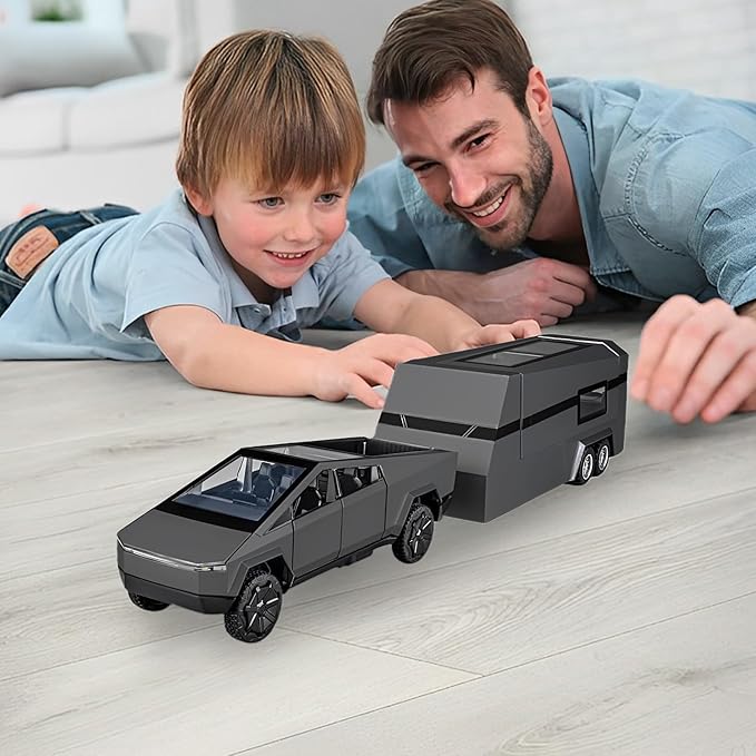 1/32 PickTruck Toy for Kids, Pickup Trailer RV Model Kit with Beach Motorcycle, Diecast Metal RV Car Model Pickup Truck Toy with Sound/Light/Pull Back Power, Ideal Gift for Boys Aged 6 and Up (Grey)