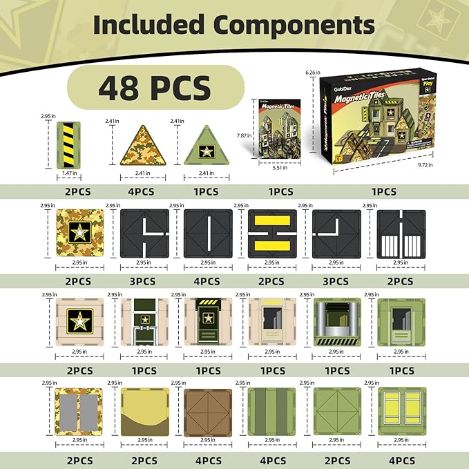 48PCS Army Magnetic Tiles Building Toys for Boys 3+, Military Magnetic Blocks for Toddlers STEM Construction Preschool Toys for Kids, Upgraded Sensory Magnets for Kids Birthday Gifts