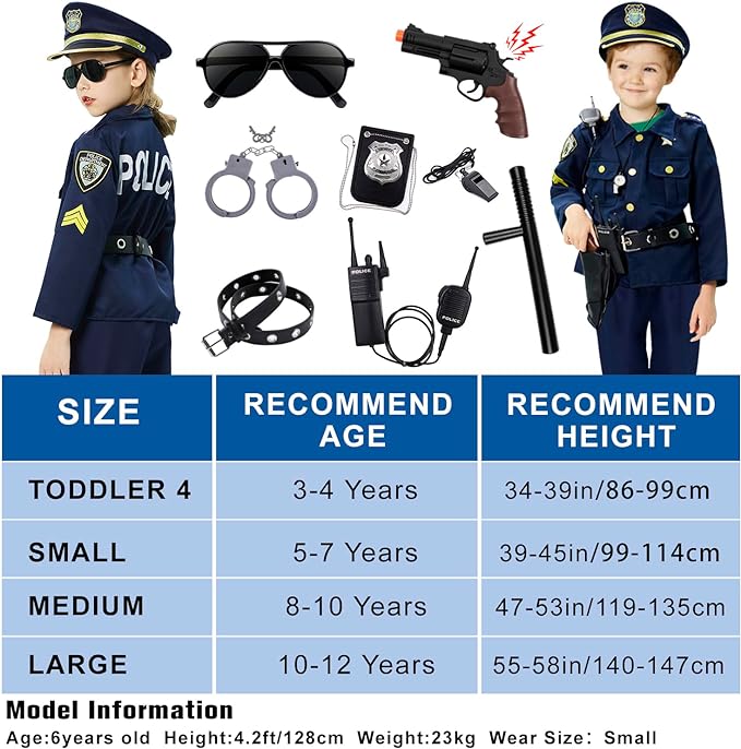 Golray Police Officer Costume for Kids Boys Girls - 12PCS Kids Police Costume Cop Uniform Outfit Role Play with Police Toys Accessories, 3 4 5 6 7 8 9 10 11 12 Year Old Kid Halloween Costume Dress up