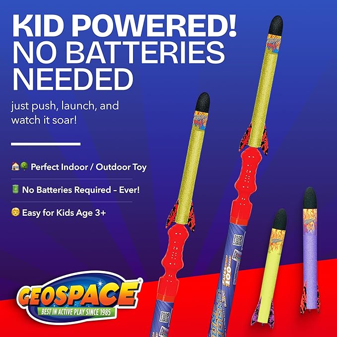 Geospace Hand Held Jr. Pump Rocket Combo Battle Pack – Flying Foam Rockets Outdoor Toys for Kids, Boys & Girls – 30" Set with 2 Launchers & 6 Rockets Set – Hand Stomper Rocket Toy - Cool Toys for Fun