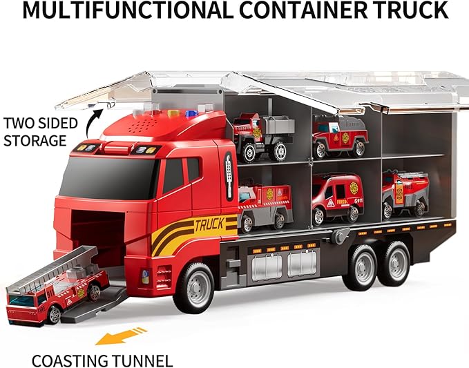 TEMI Fire Truck Toy Set with Play Mat, Carrier Truck for Kids Toddlers, Die-Cast Metal Toy Car Set, Christmas Birthday Gift for Age 3 4 5 6 + Years Old Boys Girls