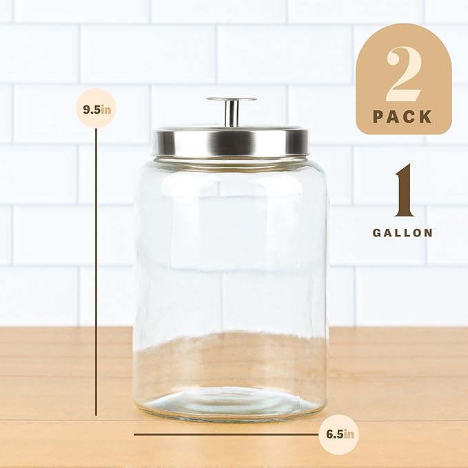 1 Gallon Large Glass Cookie Jar with Airtight Metal Lids - Food Storage Container for Freshness - For Flour, Chewy Pet Treats, Candy, Kitchen Counter Decorative or Laundry Room - Pack of 2
