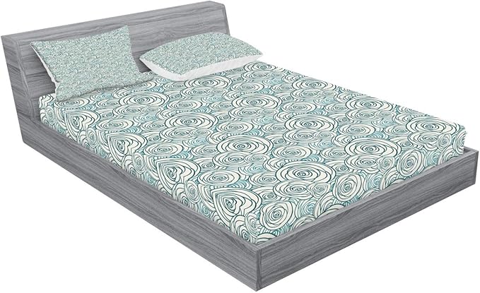 Ambesonne Rose Fitted Sheet & Pillow Sham Set, Doodle Style Outlines of Rose Blossoms Spring Nature Inspired Artwork, Decorative Printed 3 Piece Bedding Decor Set, Queen, Dark Teal Teal and Cream