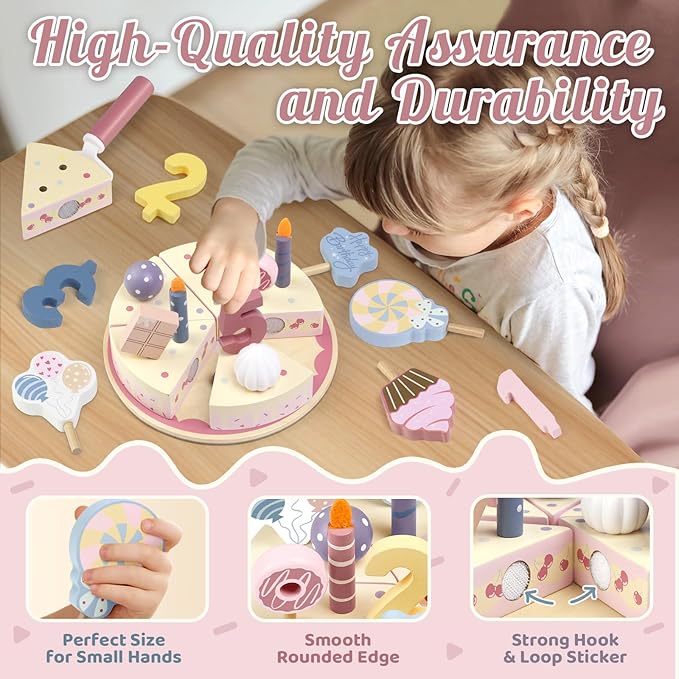 Wooden Birthday Party Cake Play Food Sets for Kids Kitchen Accessories Pretend Toy Toddlers 1-3 Party Gift Boys Girls Educational Toys