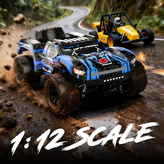 DEERC 9006E 1:12 RC Cars for Adults Boys, 45KM/H Off-Road Short Course Truck, 4WD All Terrain Remote Control Monster Truck, 2.4GHz Waterproof Car with 2 Rechargeable Batteries, Spare Tire, LED Lights