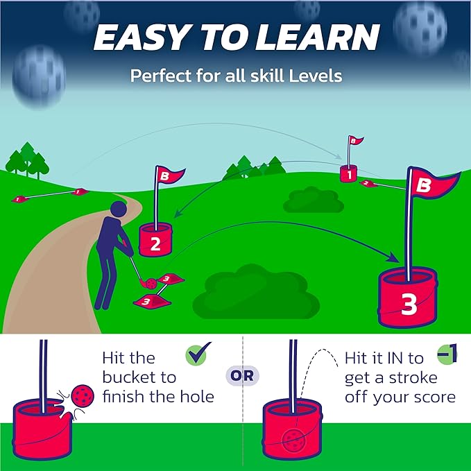 bucketgolf Game 9 Hole Bundle with Clubs - Outdoor Golf Game for All Ages Adults, Kids, Family. Play Golf Anywhere Yards, Beach, Park, Backyard Game. (2 Clubs (2 RH))