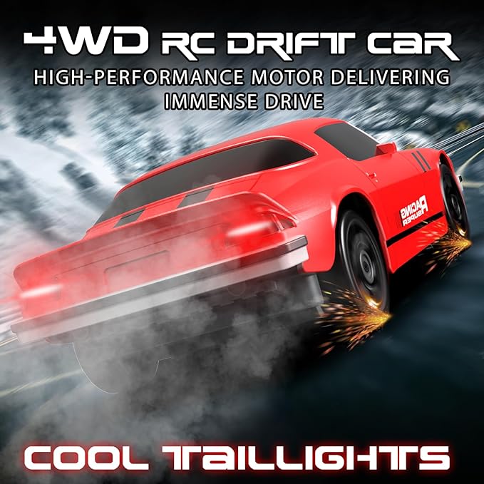 Remote Control Car, 1/24 Scale RC Drift Car, 4WD 15KM/H High Speed RC Cars, Racing Sport Toy Car with LED Lights, Racing Tire, Birthday for Kids Boys Girls, Rechargeable Battery
