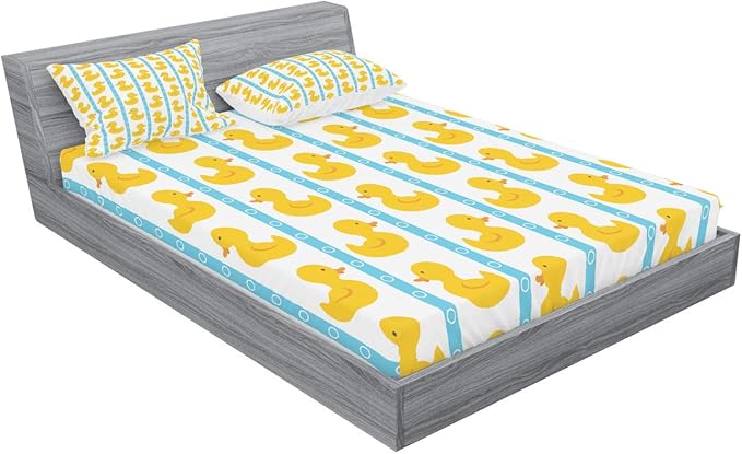 Ambesonne Rubber Duck Fitted Sheet & Pillow Sham Set, Duckies on Stripes and Small Circles Play Toys Pattern Print, Decorative Printed 2 Piece Bedding Decor Set, Queen, Blue Yellow