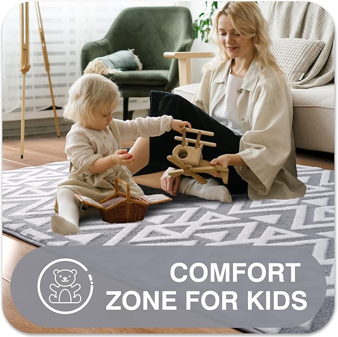 Ompaa Ultra Soft Shaggy Rugs Memory Foam Bedroom Carpet, Grey 7 x 10 Feet Large, Plush Geometric Textured Area Rugs for Living Room Couch Dorm Bedside Kids Girls Teens Room Nursery Decor Mat