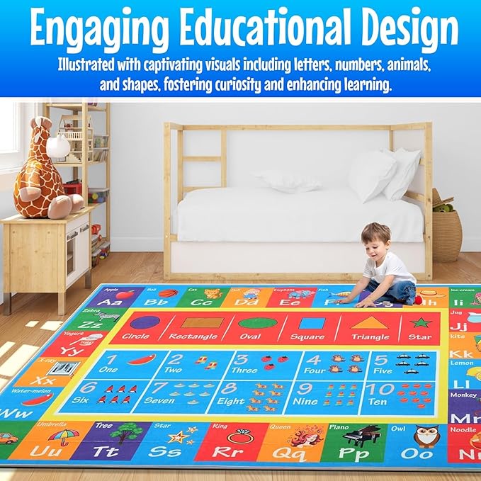 Hudson Comfort Classroom Rug 8x10 - Rugs for Elementary, Daycare, Nursery, and Playroom - Super Soft Non-Slip Carpet - Kids Fun Floor Mat for Playtime (Alphabet)