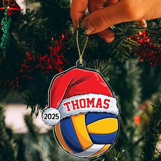 Personalized Year & Name Volleyball Player Christmas Ornament 2025, Volleyball Shaped Xmas Ornament Gift for Volleyballs Lover Coach Team, Custom Volleyballs Sport with Santa Hat Decor Xmas Ornaments