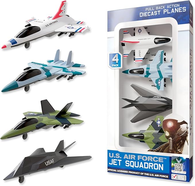 United Sates Air Force 4-Pack Toy Jet Squadron Die Cast Airplanes, Pull Back Military Fighter Jets, Diecast Air Plane Models