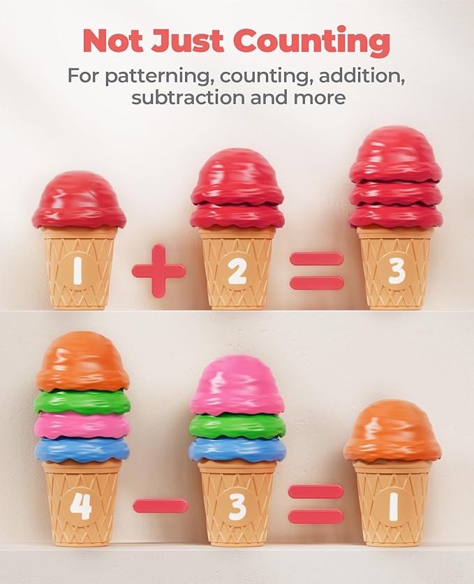 JoyCat Ice Cream Preschool Learning Activities Counting and Color Sorting Set Stacking Toys for Kids 3-5, Safety Fine Motor Skills Toy, Math Learning Resources Easter Basket Stuffers for Toddler 30PCS