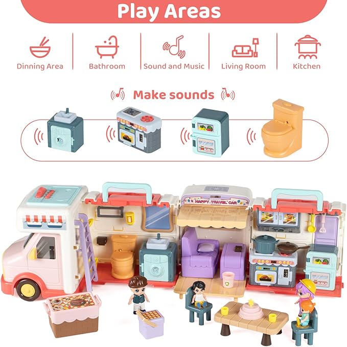Marstone Doll House Toys for Girls 3 4 5 6 7 8+ Year Old, Transformable Dream Camper House with Little People, Pretend Play RV Set Dollhouse Inertia Vehicle with Sound and Music for Birthday Gifts 3+