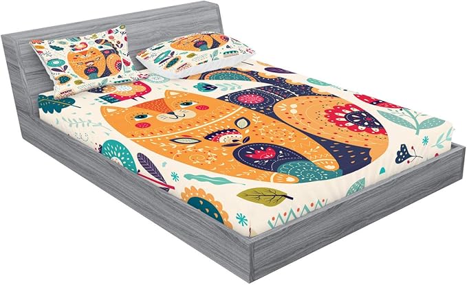 Ambesonne Paisley Fitted Sheet & Pillow Sham Set, Little Smiling Cheek Cat Animal Various Oriental Leaf Flower Artwork, Decorative Printed 3 Piece Bedding Decor Set, Calking, Orange Multicolor