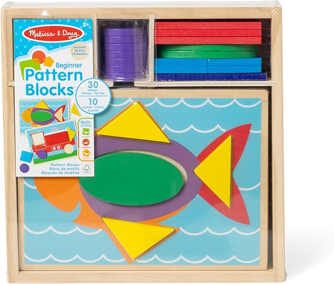 Melissa & Doug Beginner Wooden Pattern Blocks Educational Toy With 5 Double-Sided Scenes and 30 Shapes