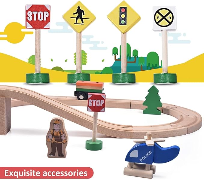 Wooden Train Set,39 Pcs-with All-Wood Train Tracks with Double Sided Wooden Tracks and Color Box for 3+ Year Old Boys and Girls Toddler-Fits Thomas Brio Melissa and Doug⦠(39PC)