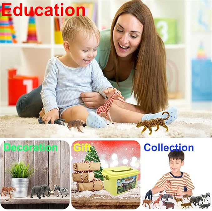 65PCS Safari Animals Figures Toys, Realistic Plastic Jungle Zoo Wild Animals with Fence Building Blocks Storage Box Christmas Birthday Gift for Kids 3-8