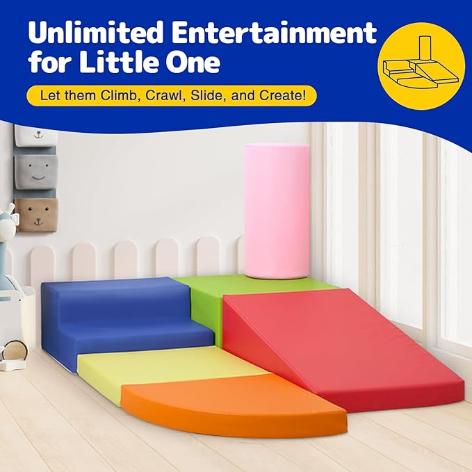6-Piece Soft PU Leather Toddlers Climbing Toys for Baby - Kids Foam Climbing Blocks for Toddlers Indoor - Climb & Crawl Soft Foam Block Activity Play Set - Toys for Kids Crawling Sliding (Colorful)
